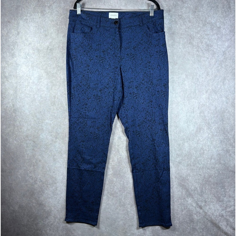 Chico's Pants Women‎ Size 2 US 12 Blue Black Textured Print Slim Leg Trousers